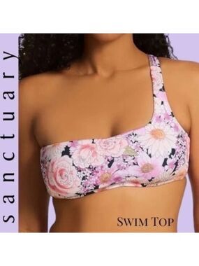SANCTUARY NWT Petal Pusher One Shoulder Floral Print Bikini Swim Top-MD